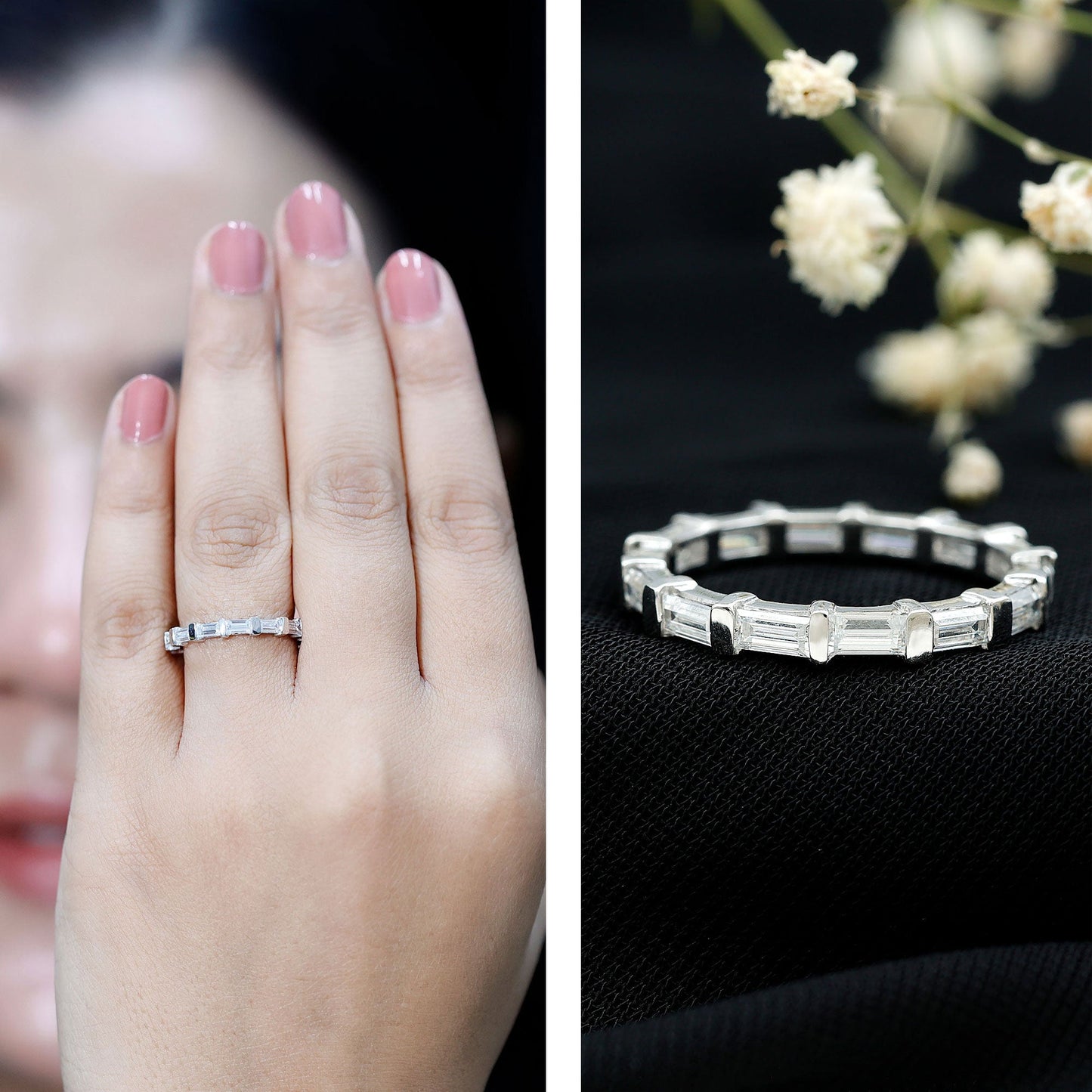 Certified Baguette Cut Moissanite East West Eternity Ring