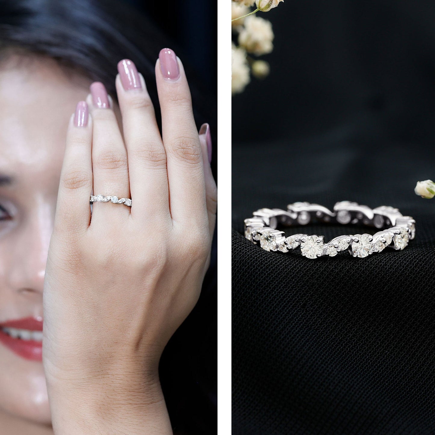 Certified Moissanite Eternity Wedding Band Ring in Prong Setting