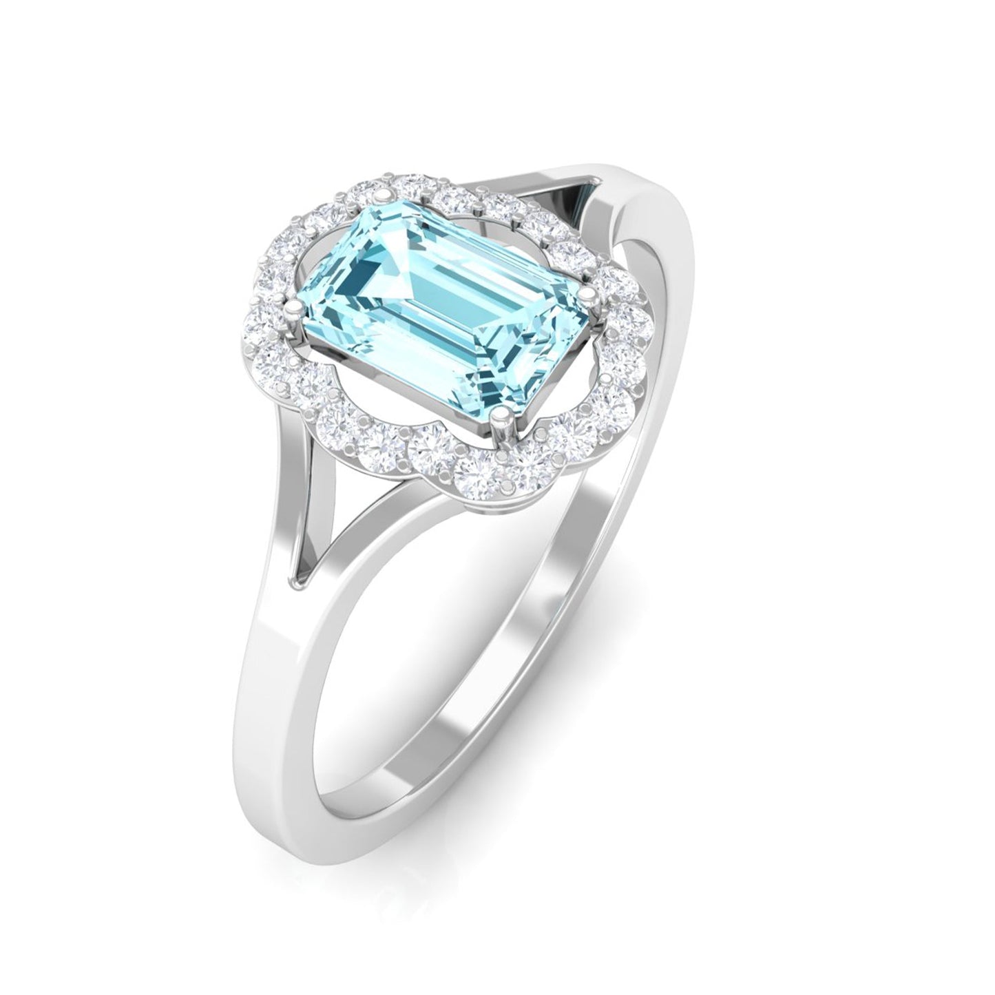 Emerald Cut Aquamarine Engagement Ring with Diamond Floral Halo