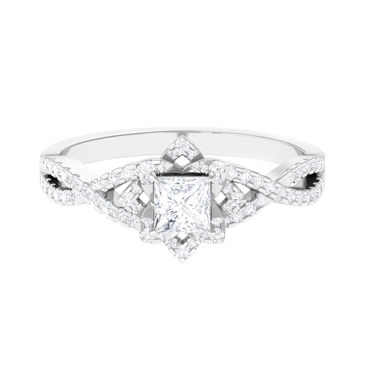 Natural Princess Cut Diamond Flower Engagement Ring with Crossover Shank
