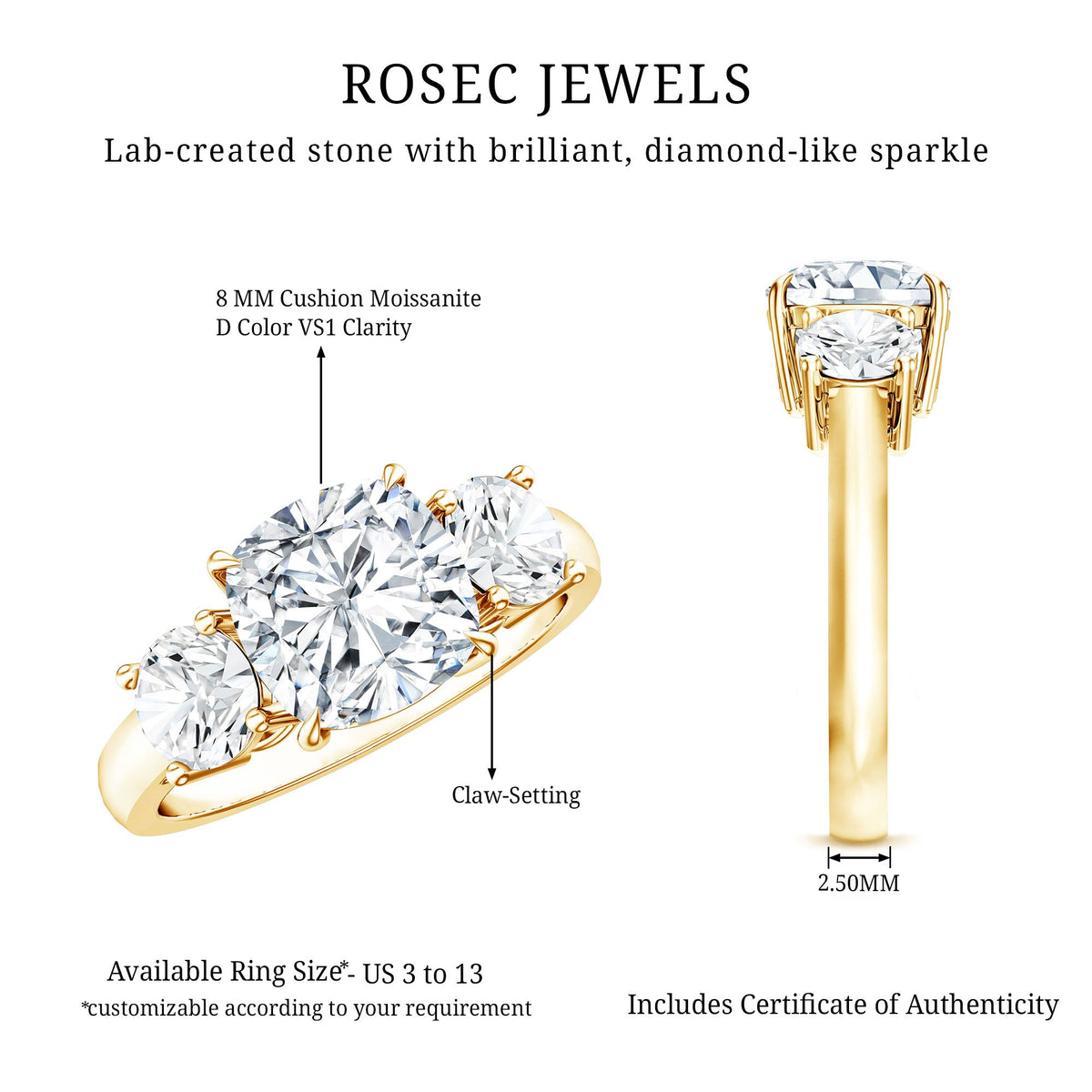Three Stone Moissanite Engagement Ring with Certificate