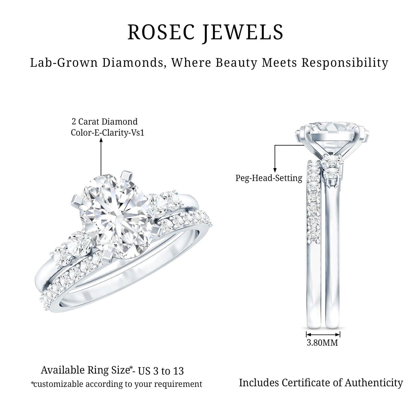2 Carat Oval Shape Lab Diamond Bridal Ring Set with IGI Certificate