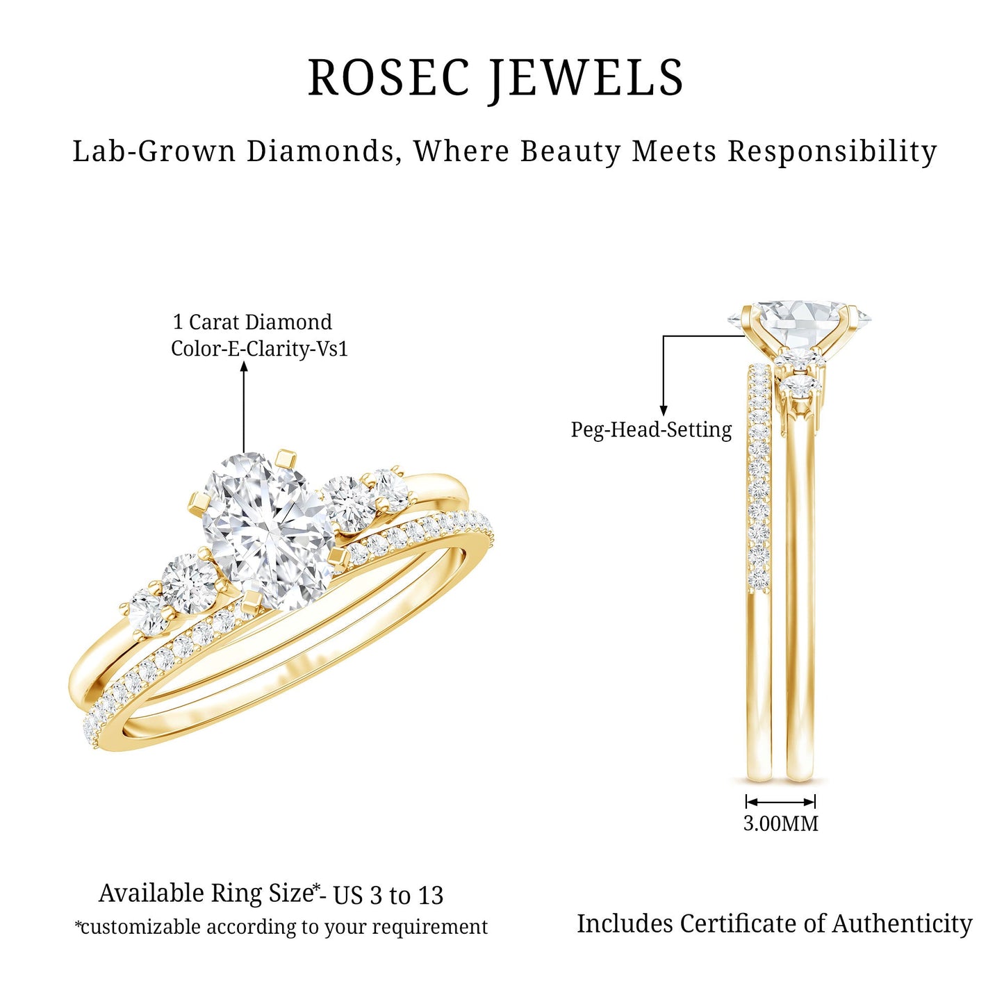 IGI Certified 1 Carat Lab Grown Diamond Engagement Ring with Wedding Band