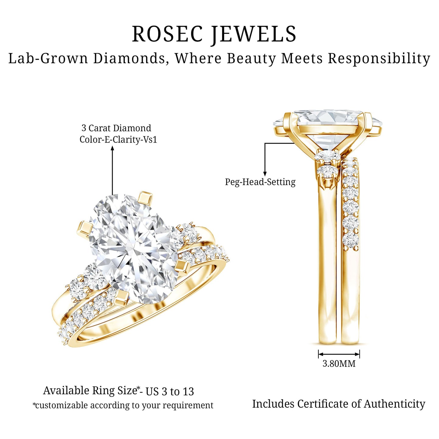 IGI Certified 3 Carat Oval Lab Grown Diamond Marriage Ring Set for Women