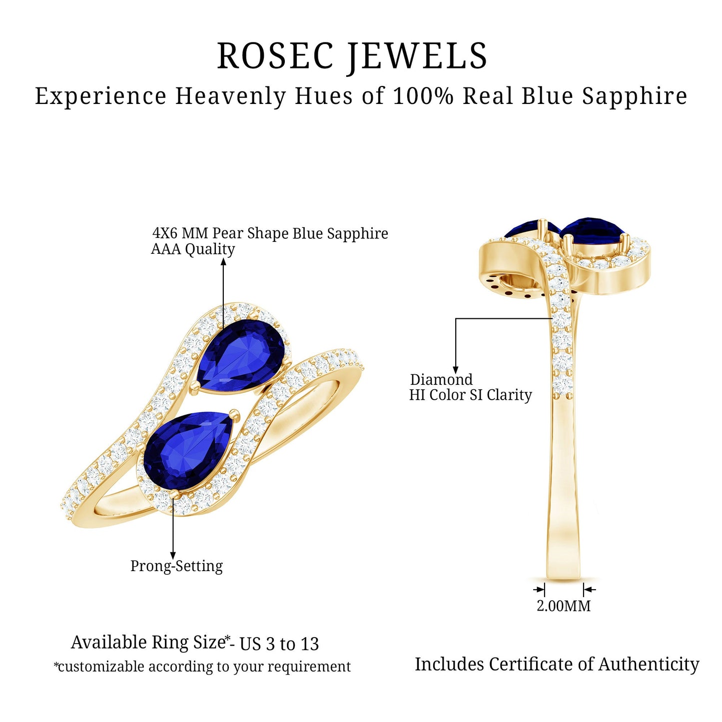 Natural Pear Shape Blue Sapphire 2 Stone Engagement Ring with Diamond