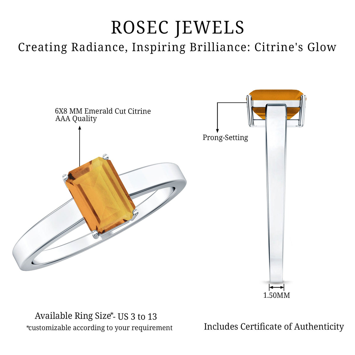 1.8 Carat Natural Citrine Solitaire Emerald Cut Engagement Ring