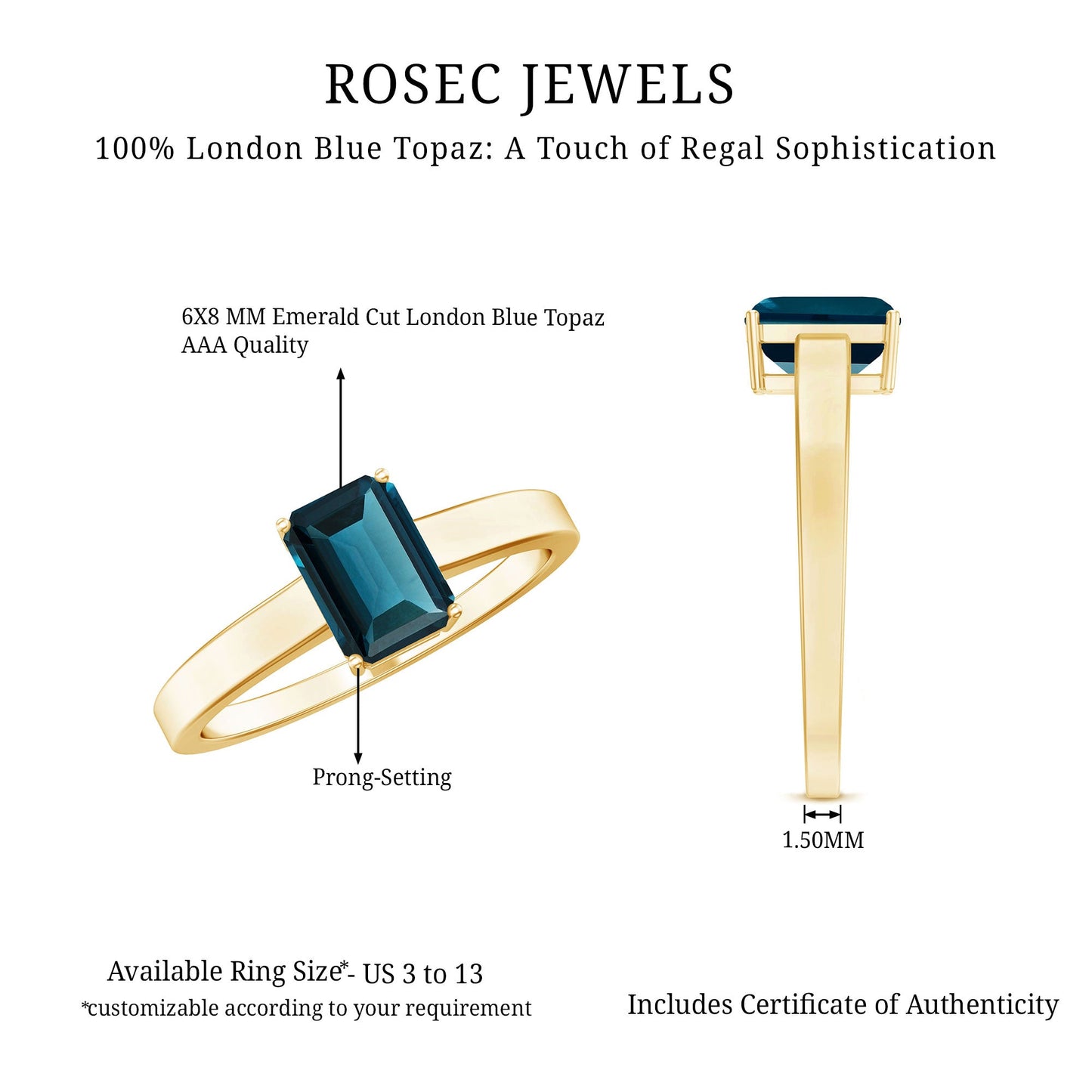 6X8mm Emerald Cut London Blue Topaz Solitaire Ring with Certificate