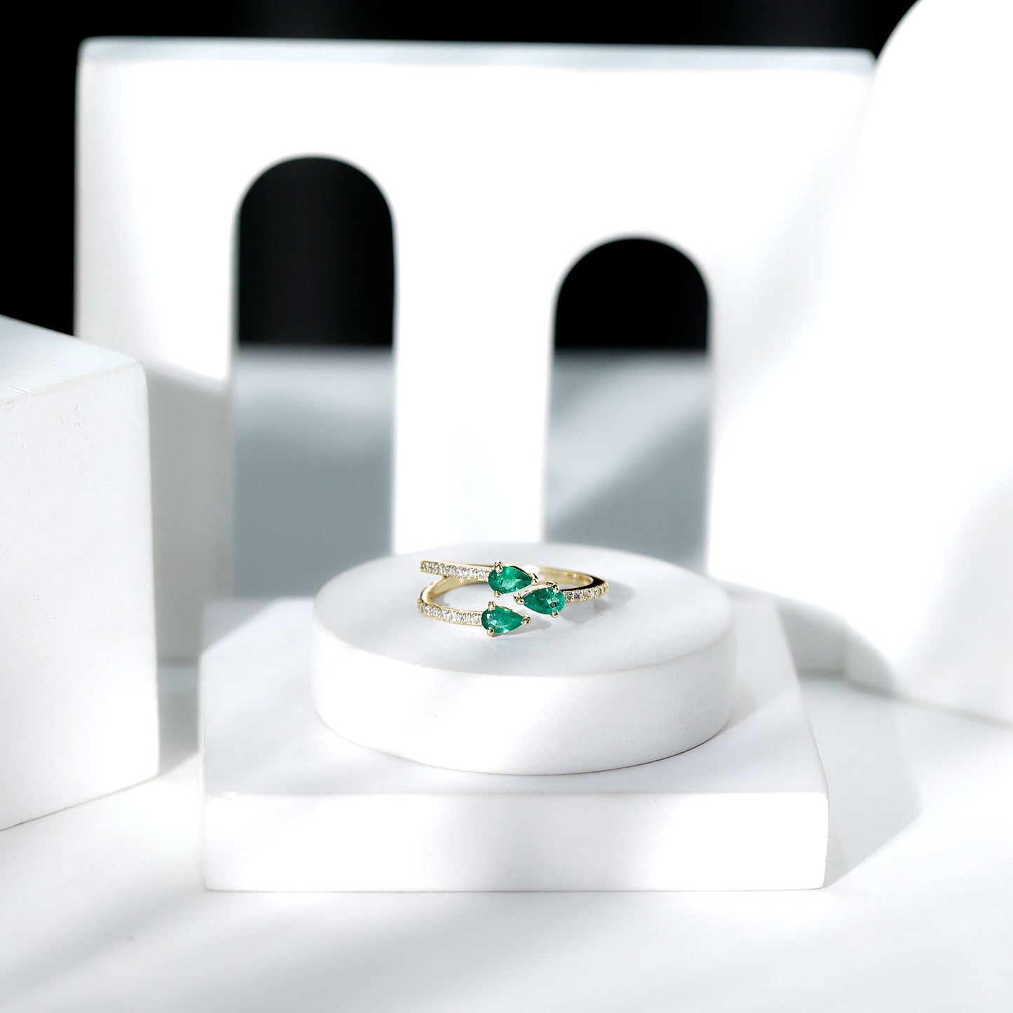Pear Shaped Emerald and Diamond 3 Stone Statement Ring