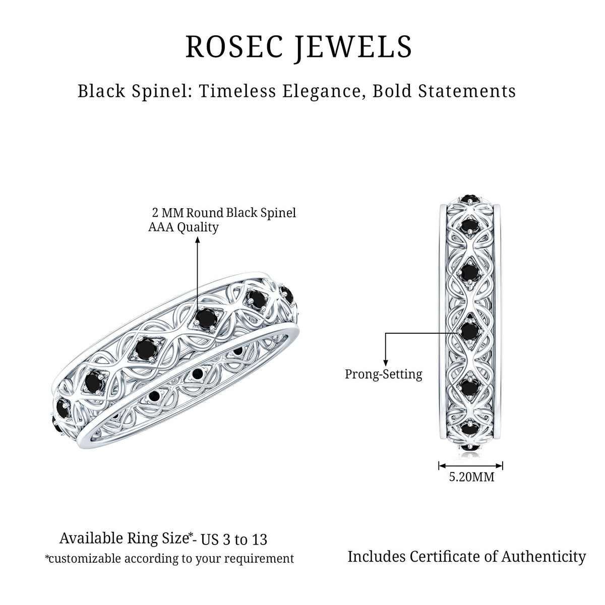 Vintage Inspired Black Spinel Celtic Knot Eternity Band Ring
