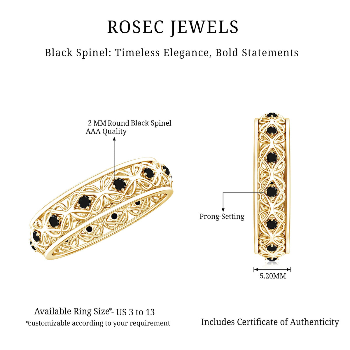 Vintage Inspired Black Spinel Celtic Knot Eternity Band Ring