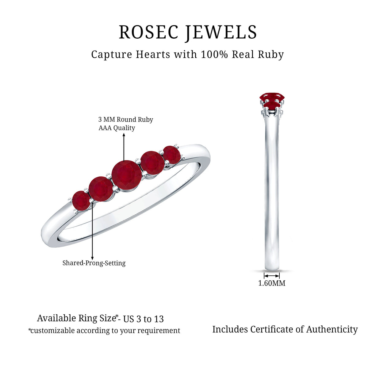 Natural July Birthstone Ruby 5 Stone Ring for Promise
