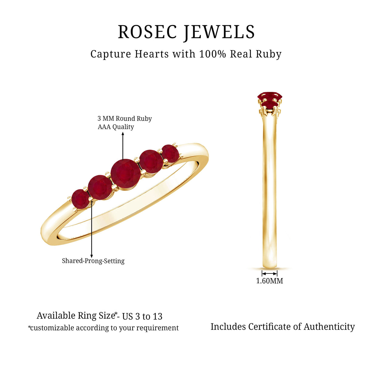 Natural July Birthstone Ruby 5 Stone Ring for Promise