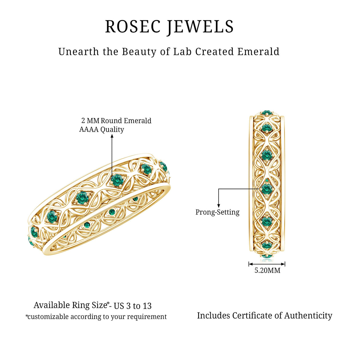 Vintage Looking Lab Grown Emerald Wedding Band for Women