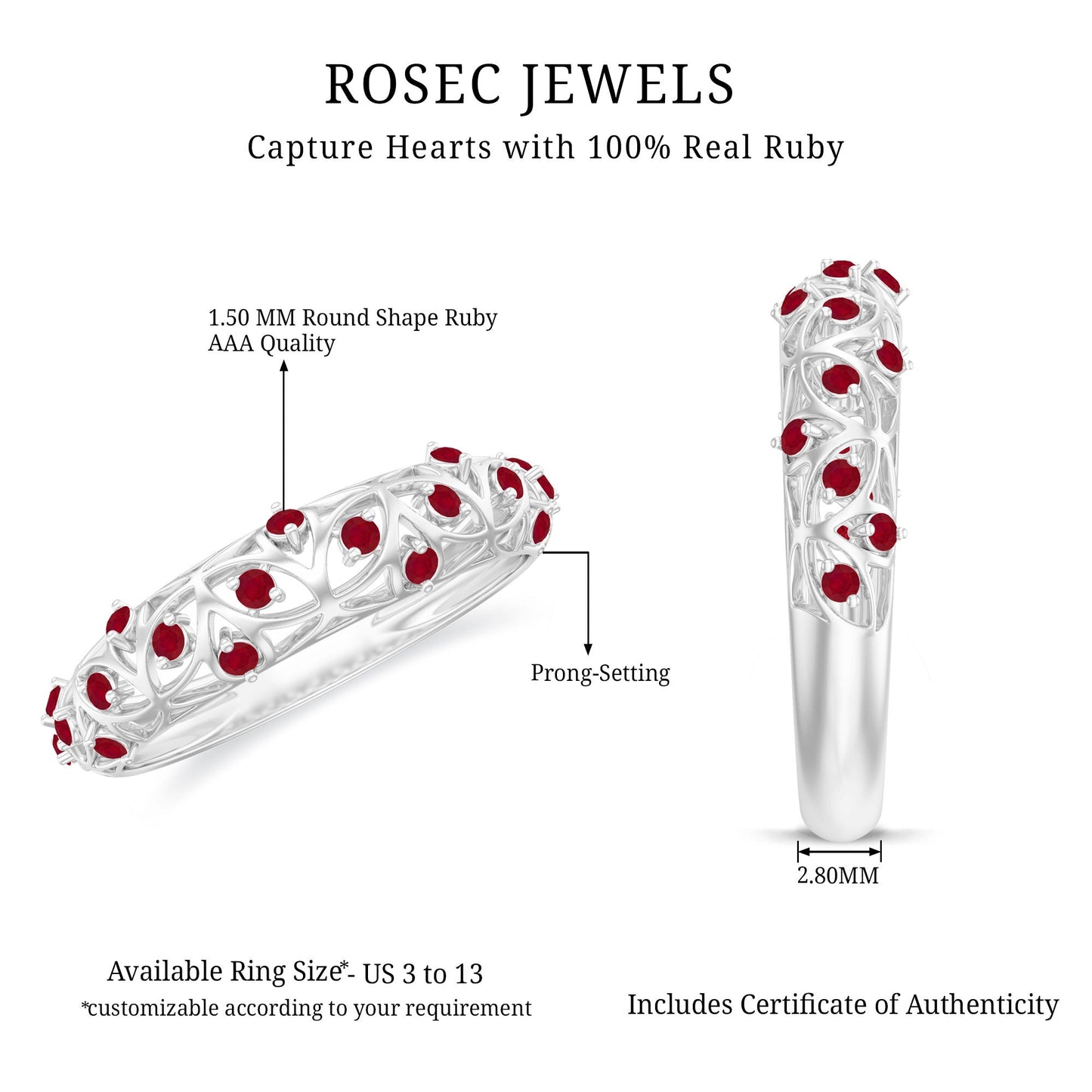 Natural Ruby Filigree Band Ring for Anniversary