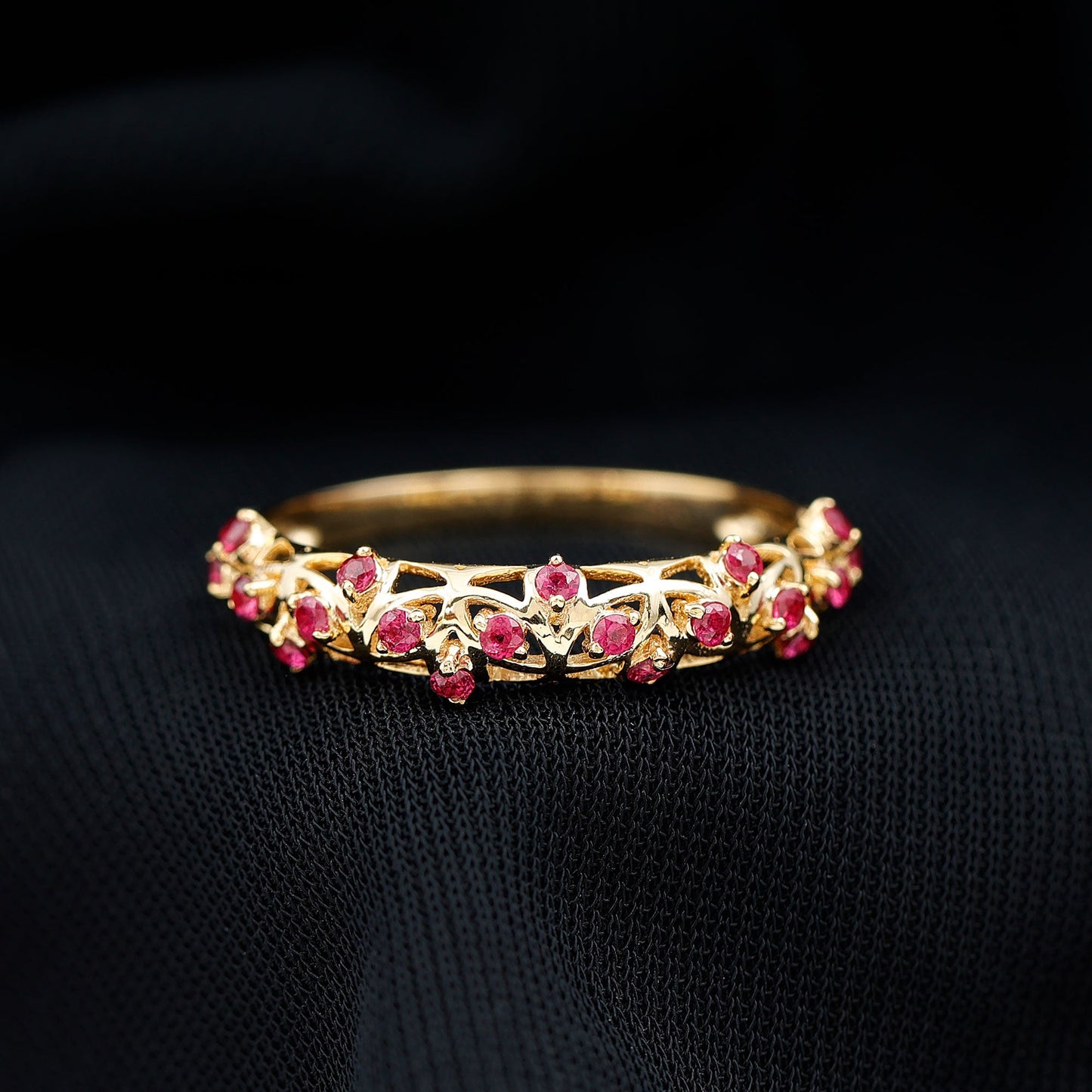 Natural Ruby Filigree Band Ring for Anniversary