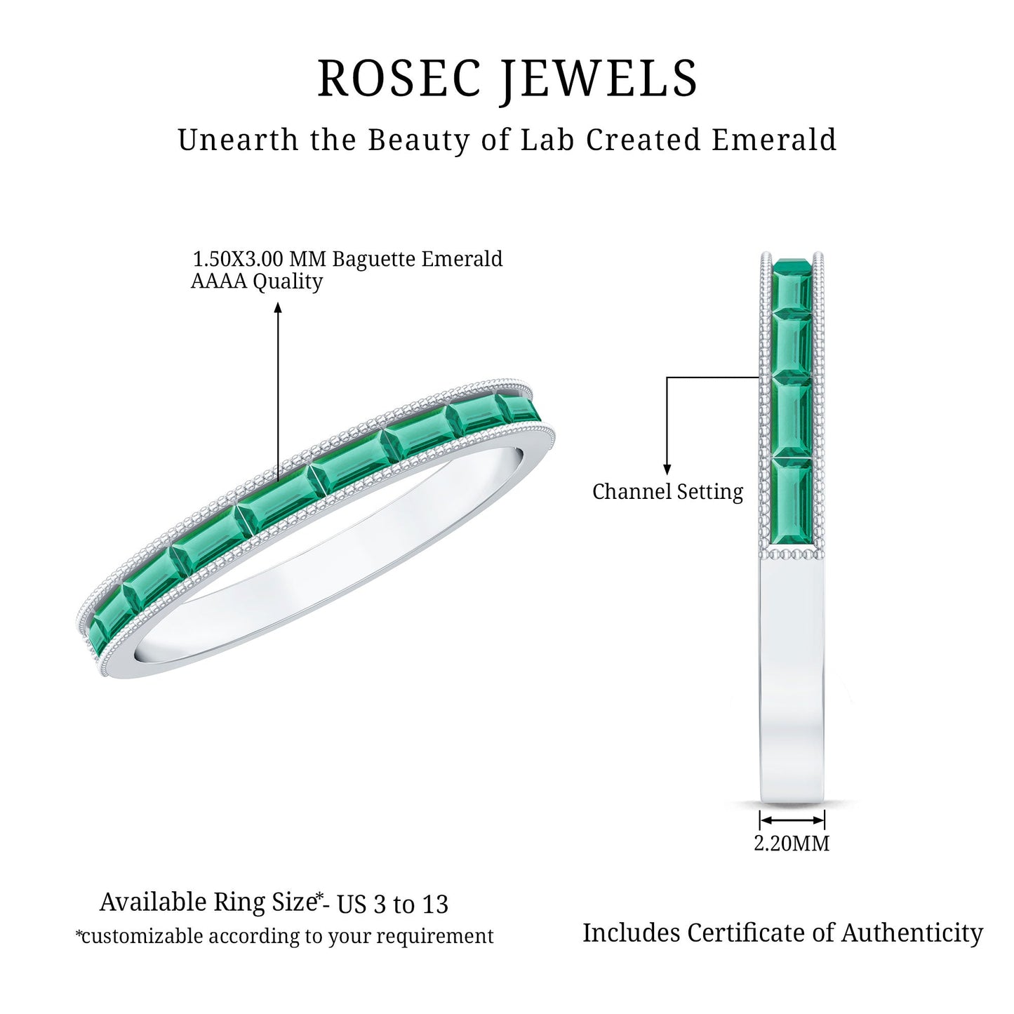 Baguette Cut Lab Grown Emerald Eternity Ring with Beaded Detailing