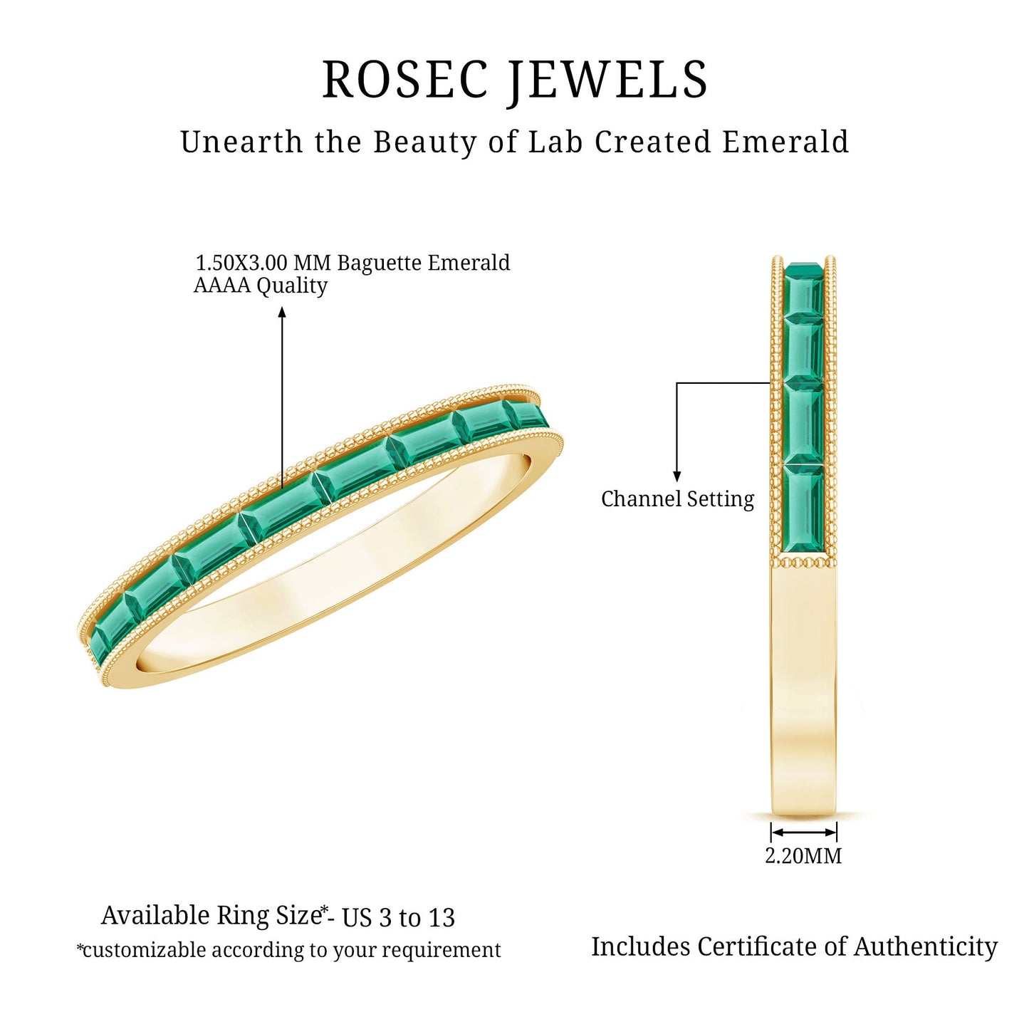 Baguette Cut Lab Grown Emerald Eternity Ring with Beaded Detailing