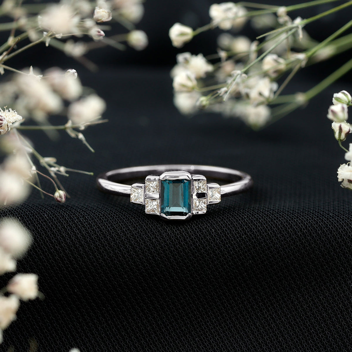 0.7 Carat Emerald Cut London Blue Topaz Statement Ring with Diamond