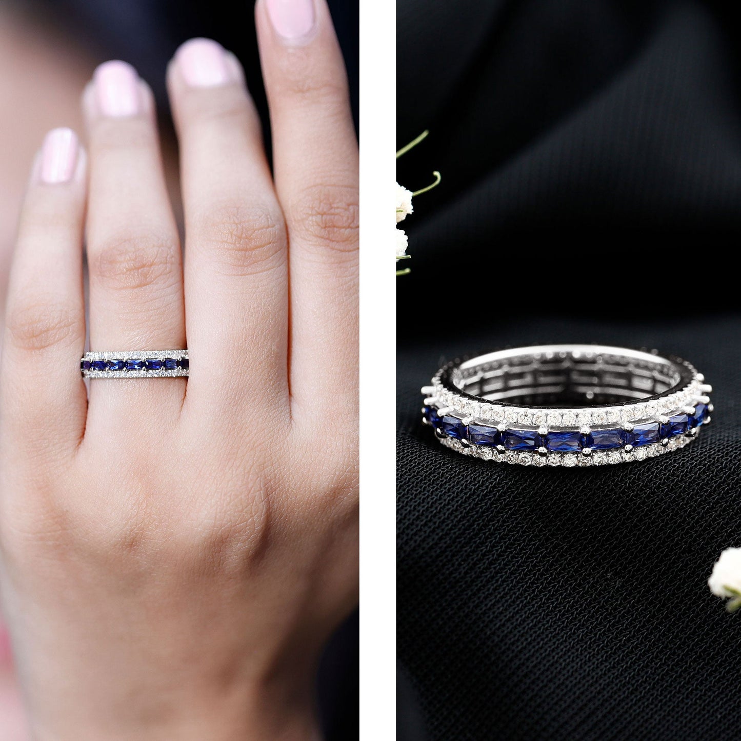 Lab Grown Blue Sapphire Eternity Wedding Band With Natural Diamond