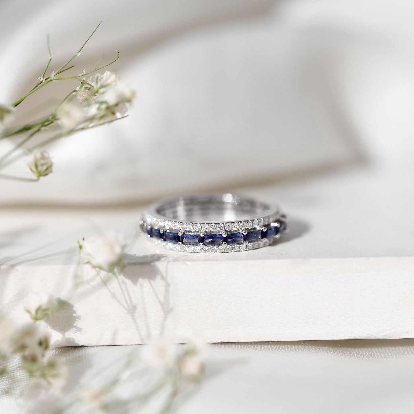 Lab Grown Blue Sapphire Eternity Wedding Band With Natural Diamond