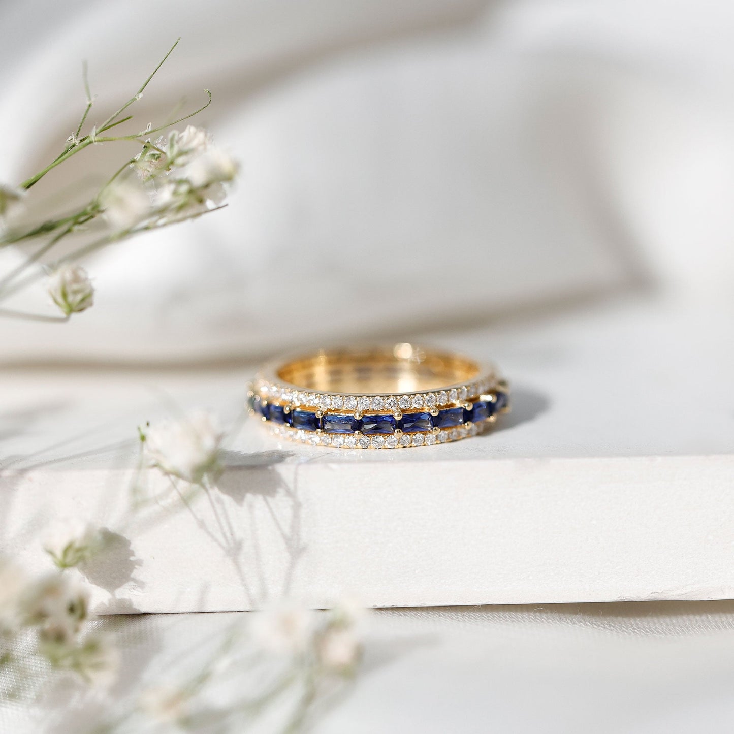 Lab Grown Blue Sapphire Eternity Wedding Band With Natural Diamond
