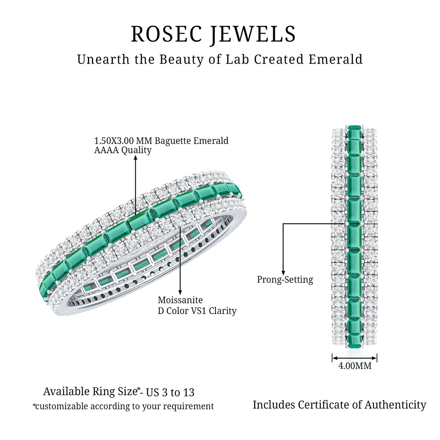 Baguette Cut Lab Grown Emerald and Moissanite Wedding Band