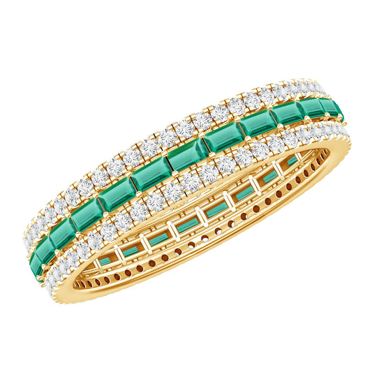Baguette Cut Lab Grown Emerald and Moissanite Wedding Band