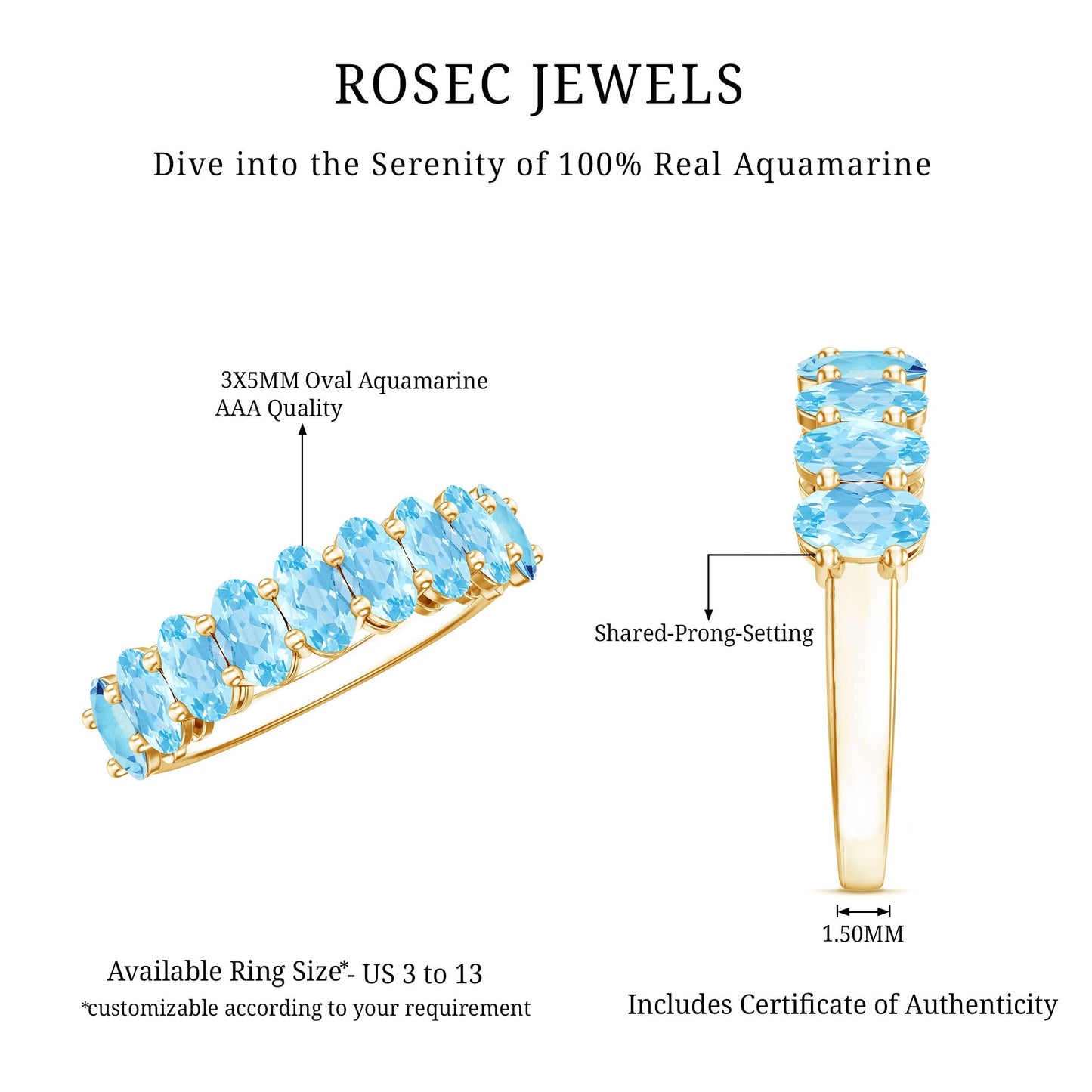 Genuine Oval Cut Aquamarine Half Eternity Ring for Women