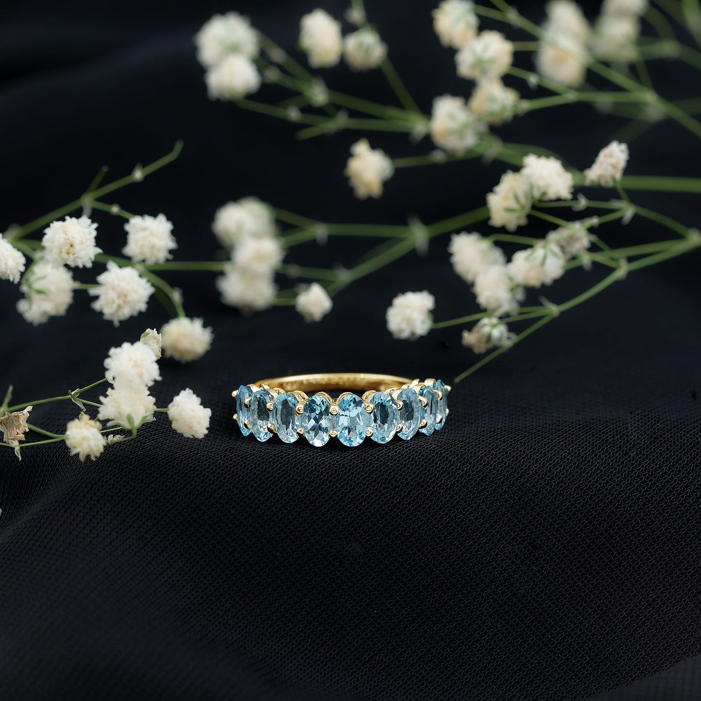 Genuine Oval Cut Aquamarine Half Eternity Ring for Women