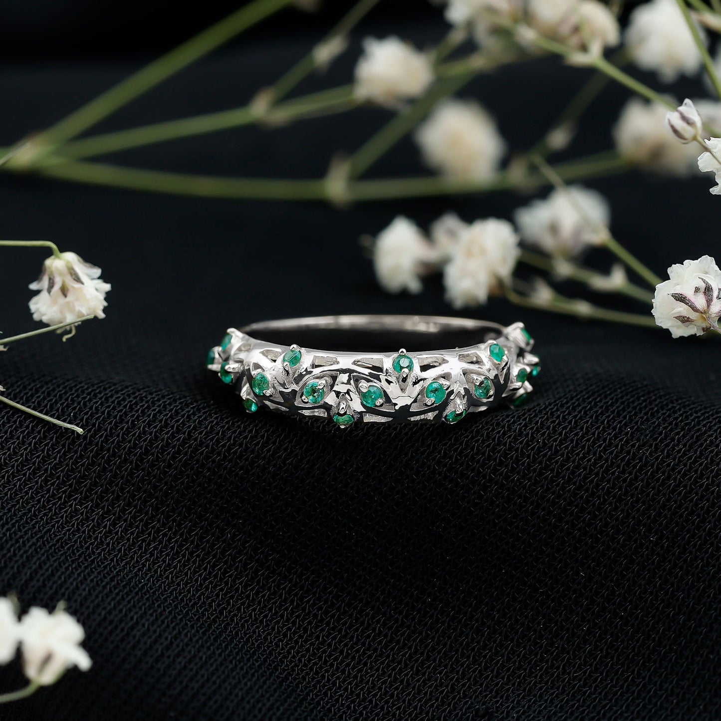 Natural Emerald Filigree Wedding Band for Women