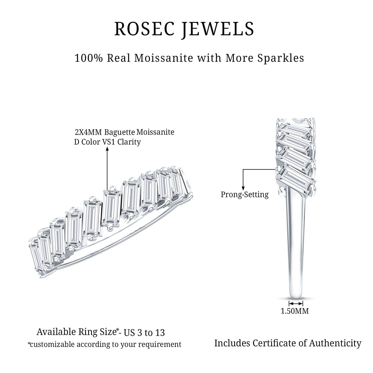 Certified Moissanite Baguette Cut Half Eternity Ring