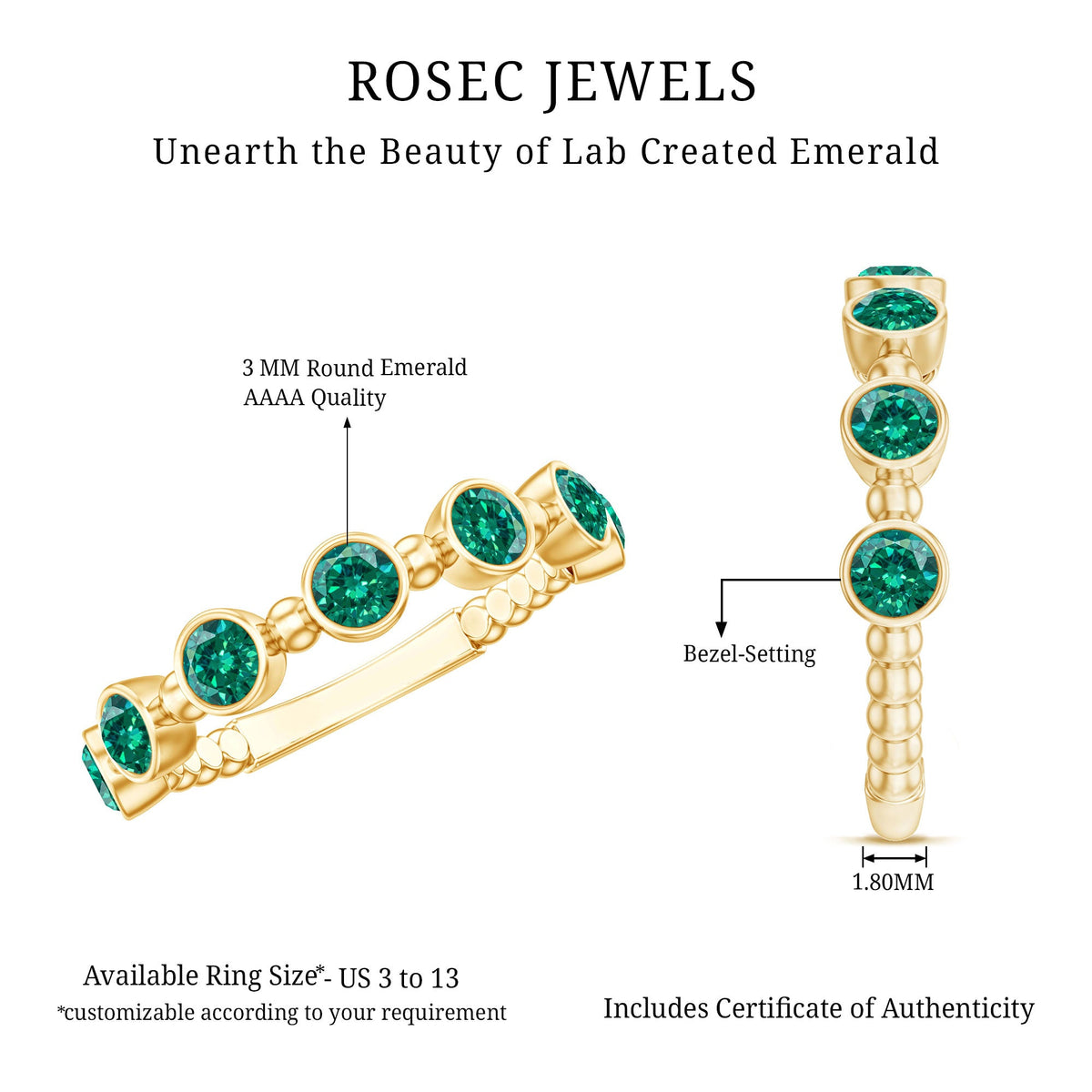 Bezel Set Lab Grown Emerald 7 Stone Half Eternity Ring with Certificate