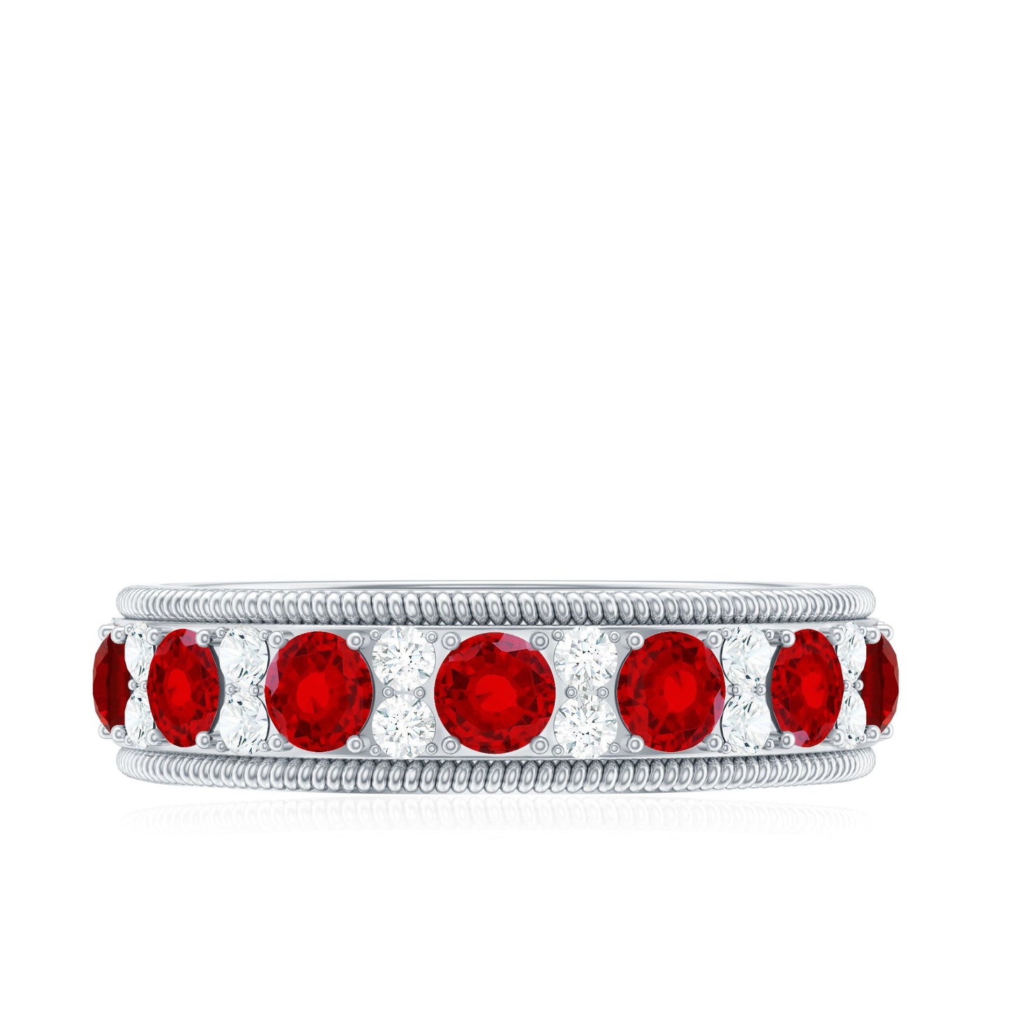 Round Cut Lab Created Ruby and Diamond Wedding Band