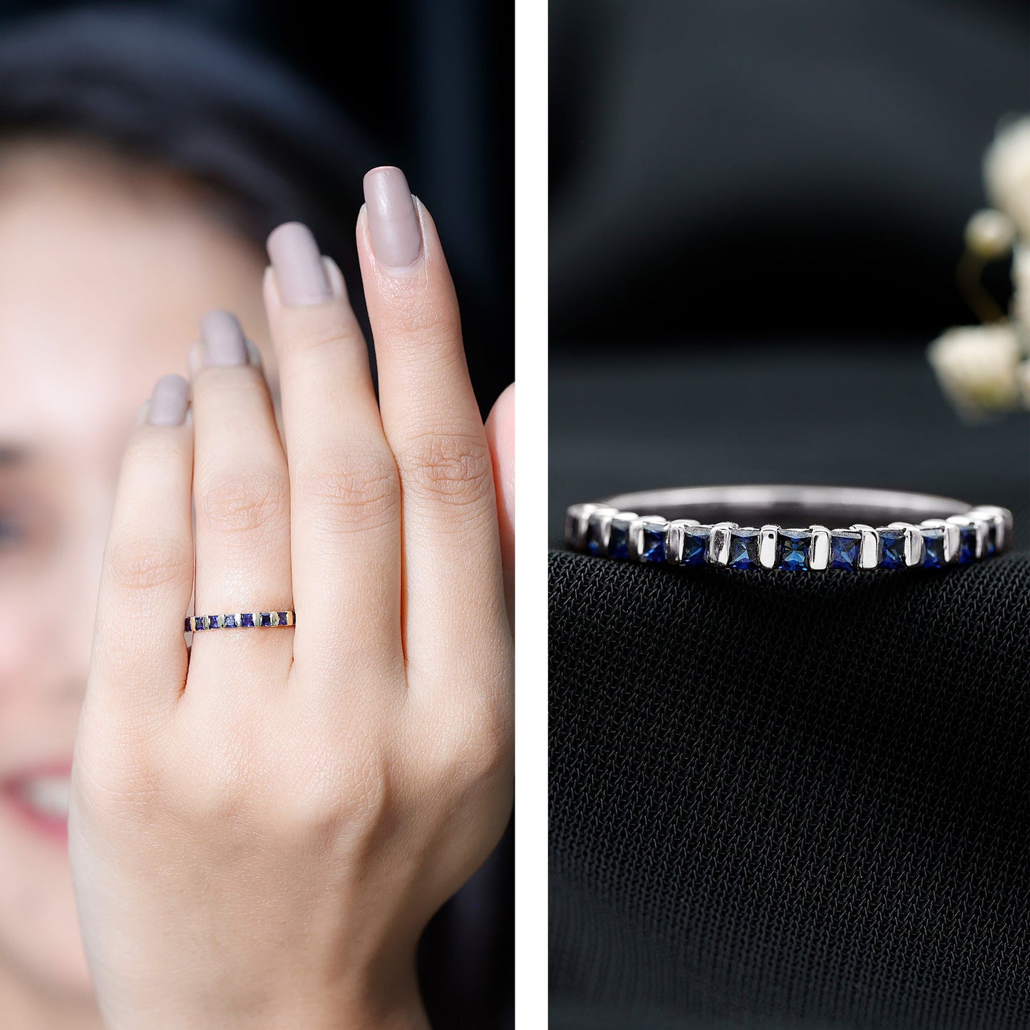Princess Cut Blue Sapphire Half Eternity Wedding Band For Women