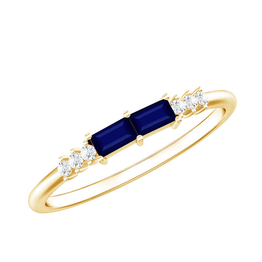 Natural Baguette Shape Blue Sapphire Promise Ring with Diamond
