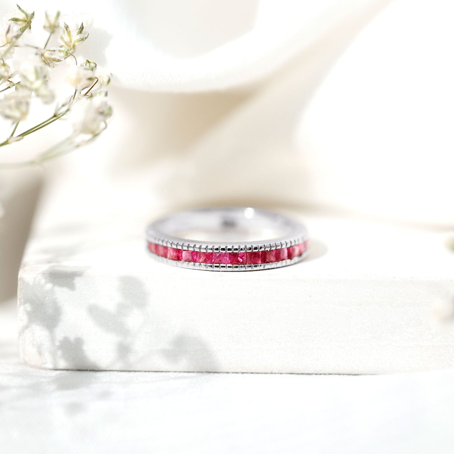 Natural Princess Cut Ruby Half Eternity Ring in Channel Set