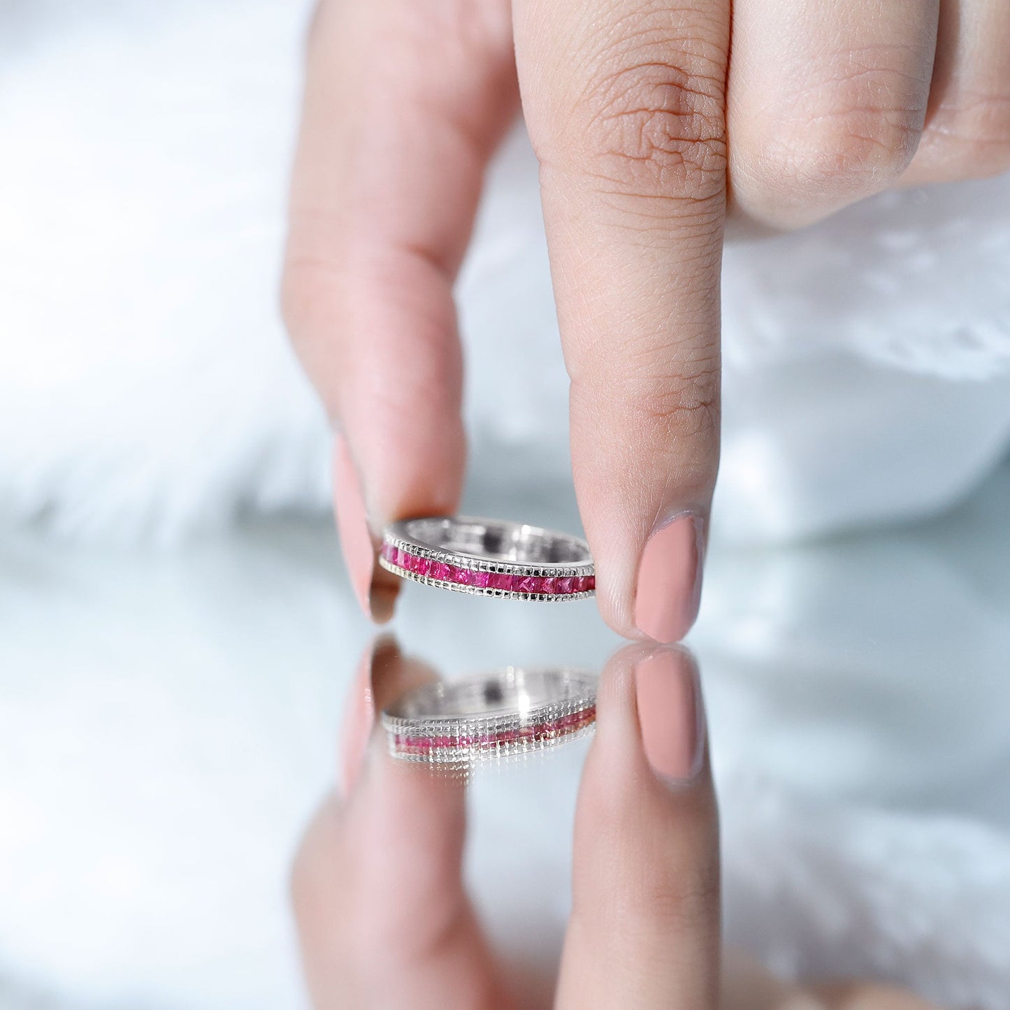 Natural Princess Cut Ruby Half Eternity Ring in Channel Set