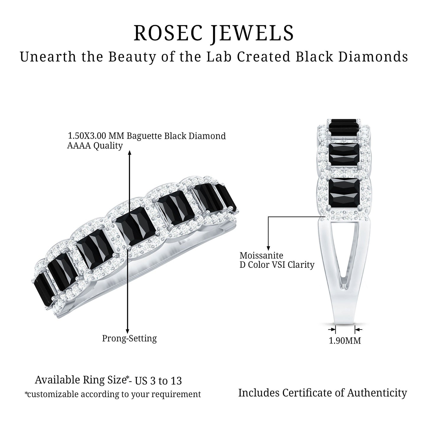 Baguette Cut Lab Grown Black and White Diamond Half Eternity Band