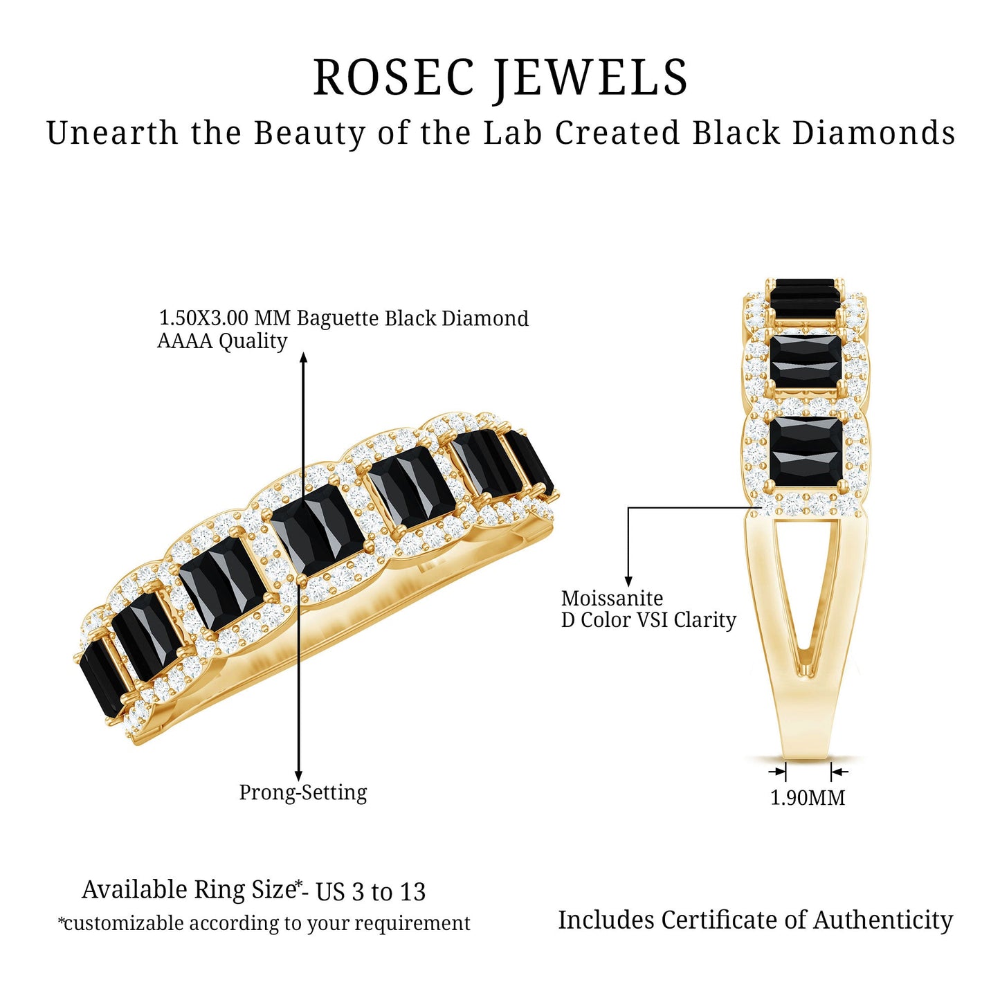 Baguette Cut Lab Grown Black and White Diamond Half Eternity Band