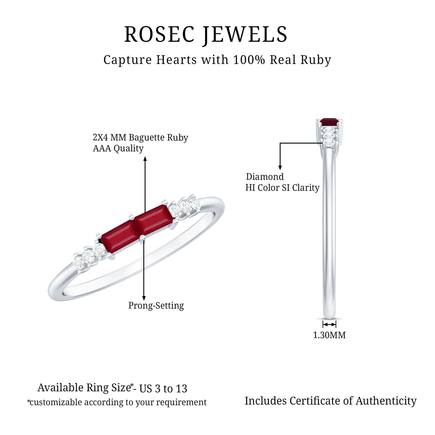 Natural Baguette Ruby 2 Stone Promise Ring with Diamond