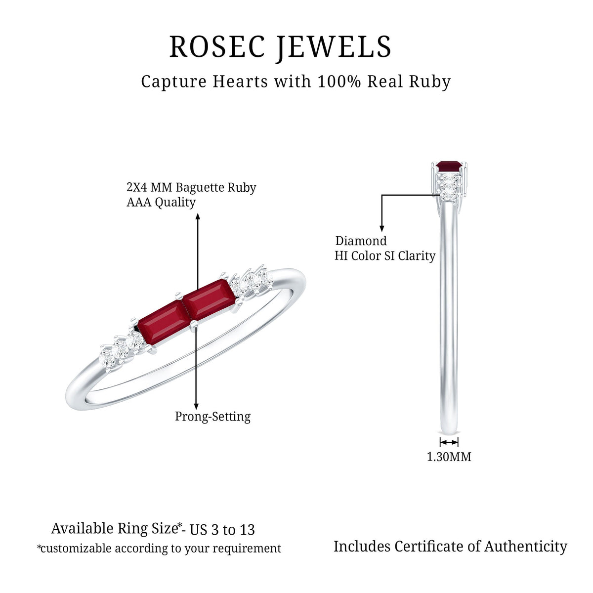 Natural Baguette Ruby 2 Stone Promise Ring with Diamond