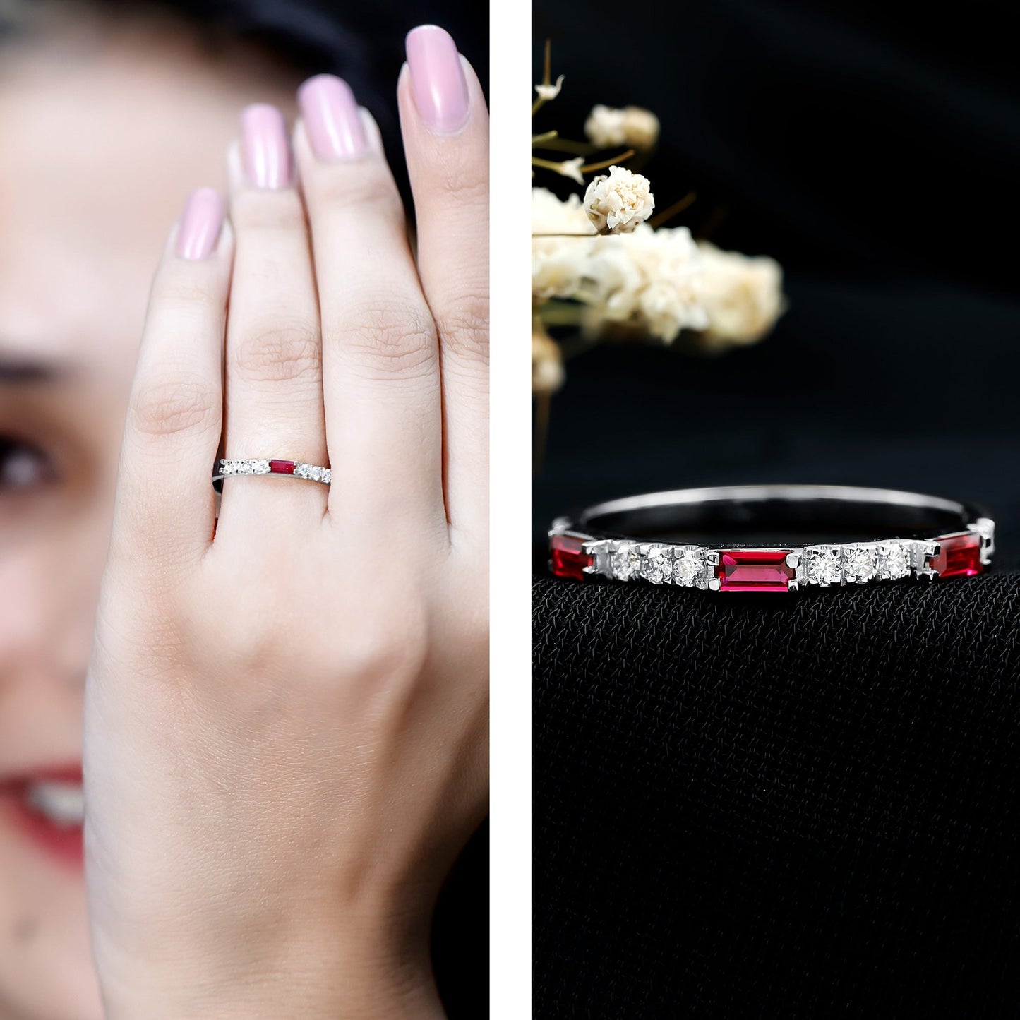 Baguette Cut Lab Grown Ruby Vintage Eternity Band with Diamond