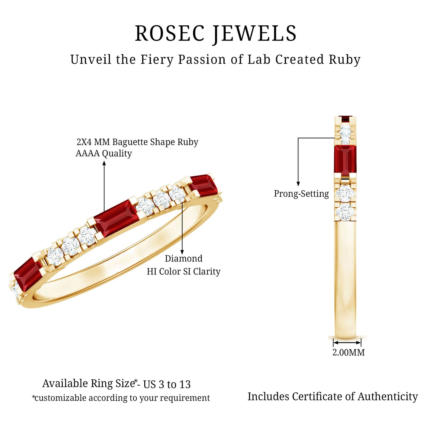 Baguette Cut Lab Grown Ruby Vintage Eternity Band with Diamond