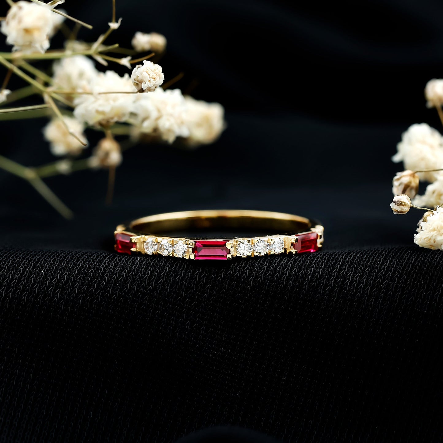 Baguette Cut Lab Grown Ruby Vintage Eternity Band with Diamond