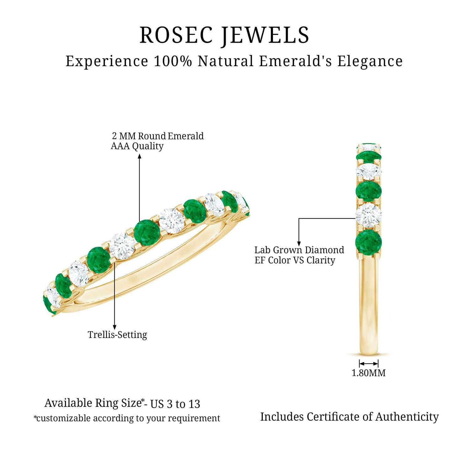 Trellis Set Round Emerald and Diamond Half Eternity Ring