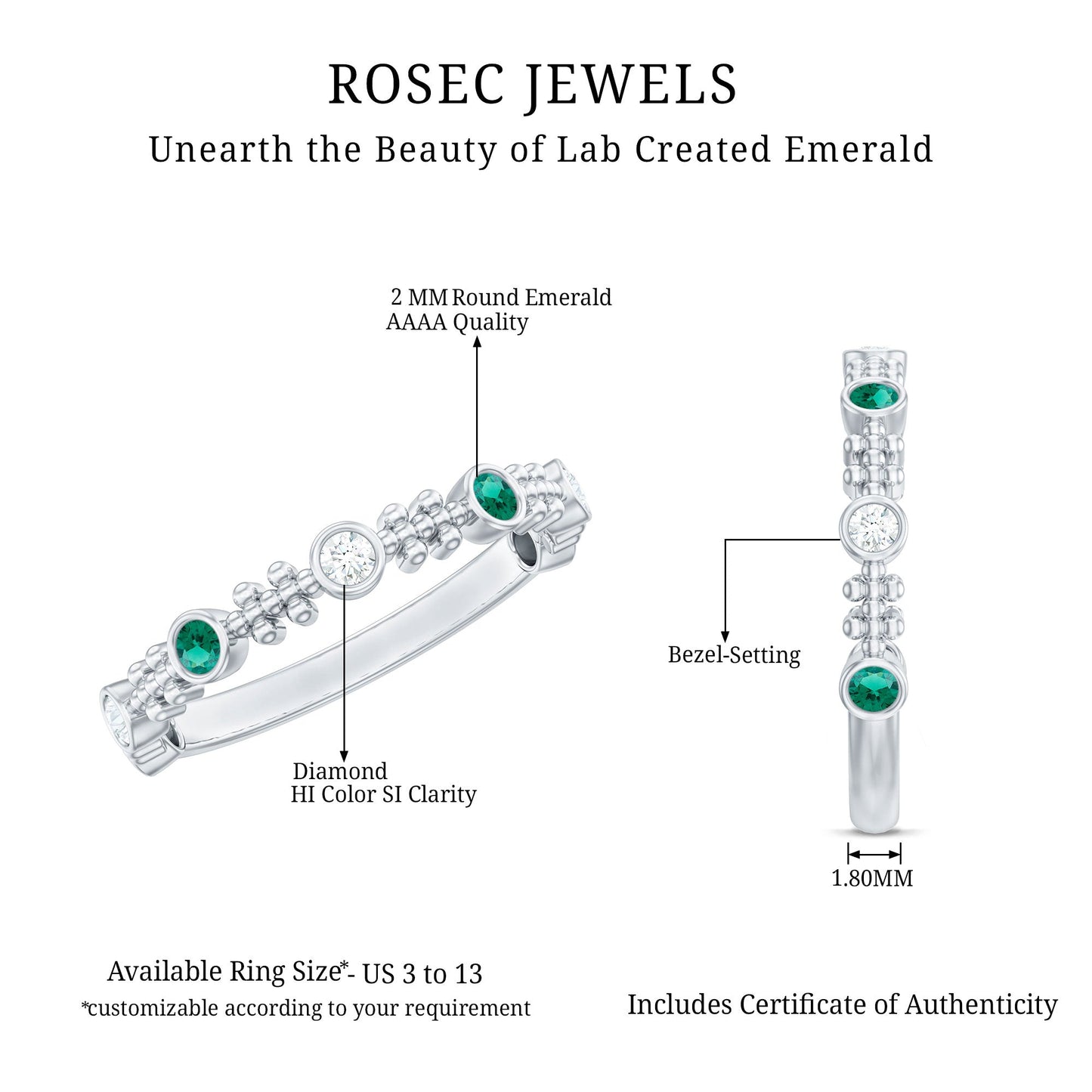 Lab Grown Emerald Diamond Half Eternity Ring with Beaded Detailing