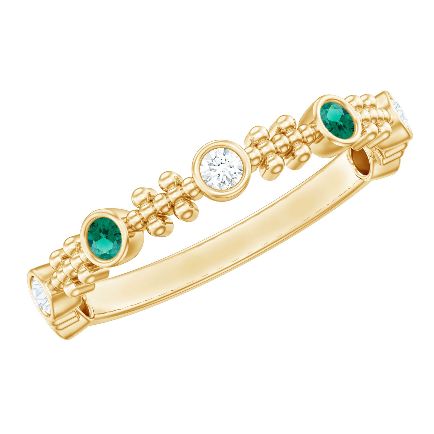 Lab Grown Emerald Diamond Half Eternity Ring with Beaded Detailing