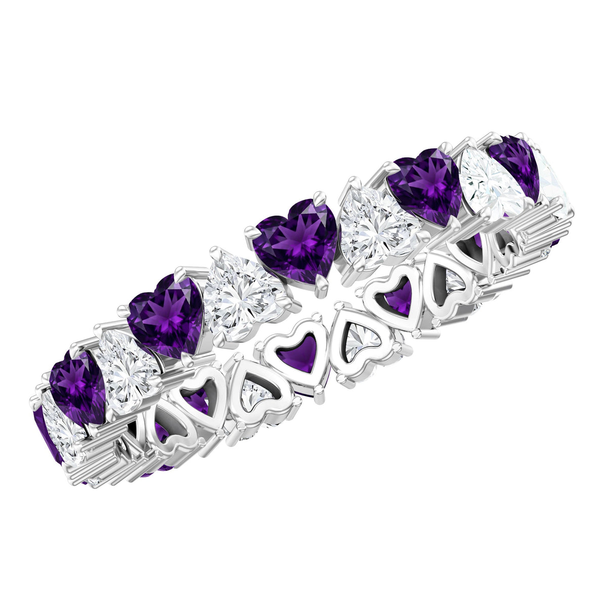 Certified Natural Amethyst Heart Eternity Ring with Moissanite