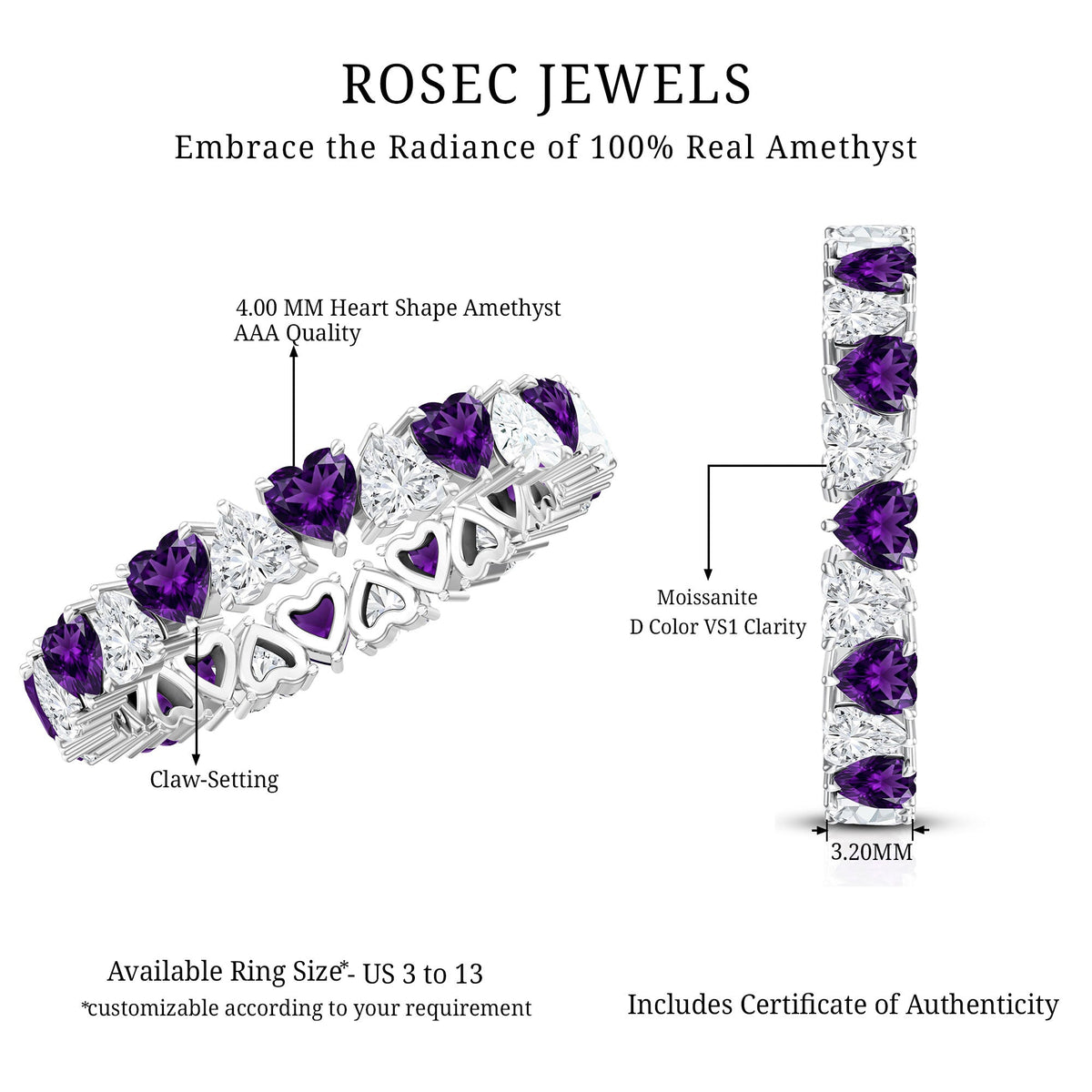 Certified Natural Amethyst Heart Eternity Ring with Moissanite