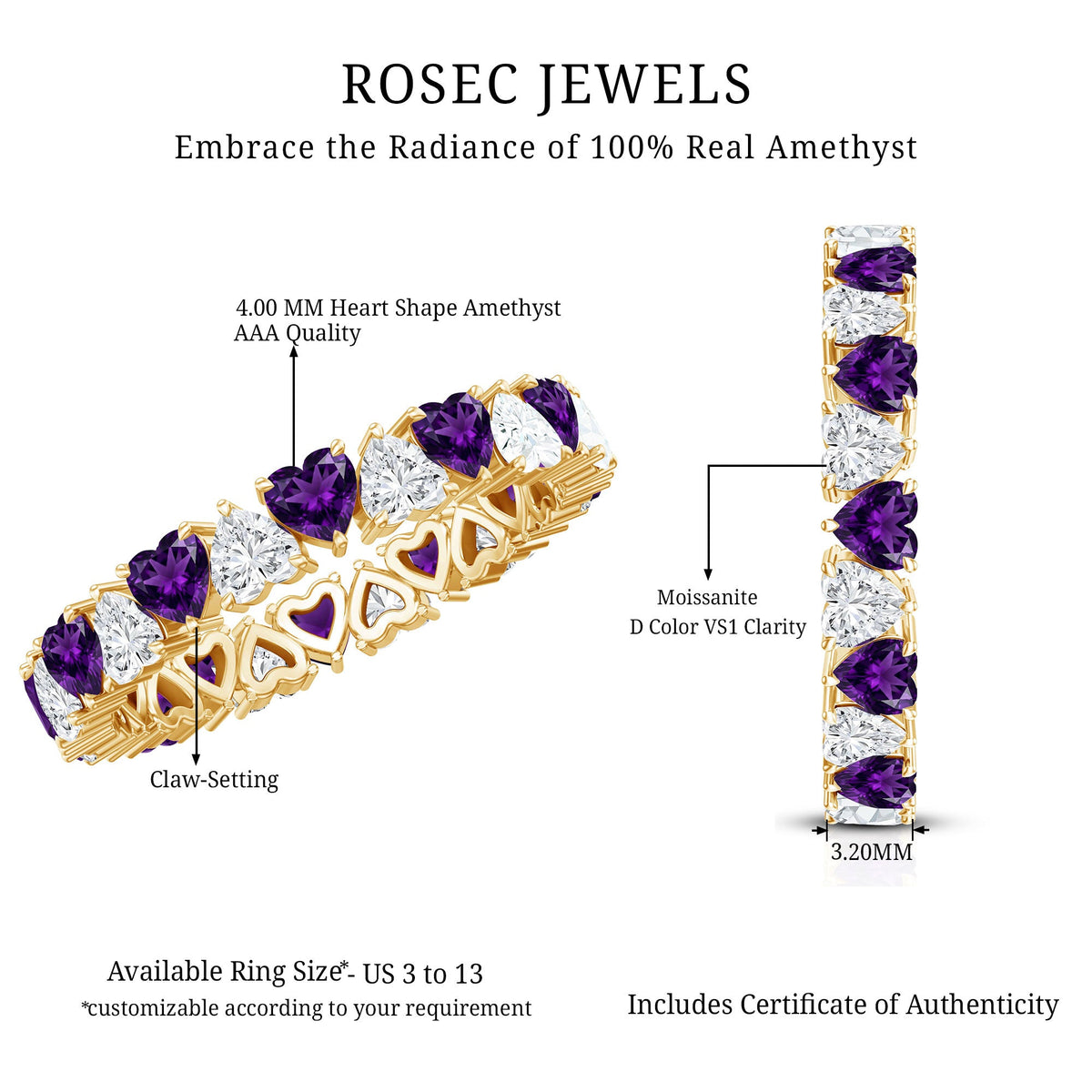 Certified Natural Amethyst Heart Eternity Ring with Moissanite